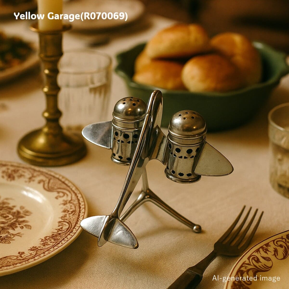 ユニークな飛行機型デザインのソルト＆ペッパースタンド。まるで離陸する飛行機のようなフォルムに、翼の部分にはジェットエンジンを模した2つの調味料ケース（塩・胡椒）がセットされています。