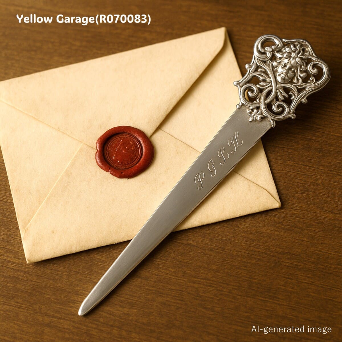 1967年にイギリス・シェフィールドで製造された、スターリングシルバー製のペーパーナイフです。持ち手にはヴィクトリア調の優美な透かし彫りが施され、中央には花のモチーフと共に人物の顔を模した意匠が見られます。