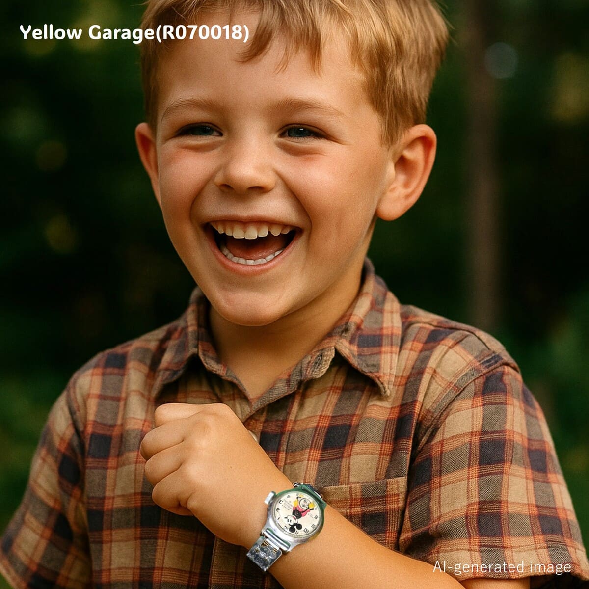 アンティークのミッキーマウス腕時計（子供用）。文字盤にミッキーのイラストが描かれ、両腕が時計の針として動きます。6時位置には小さな秒針用のサブダイヤル付き。