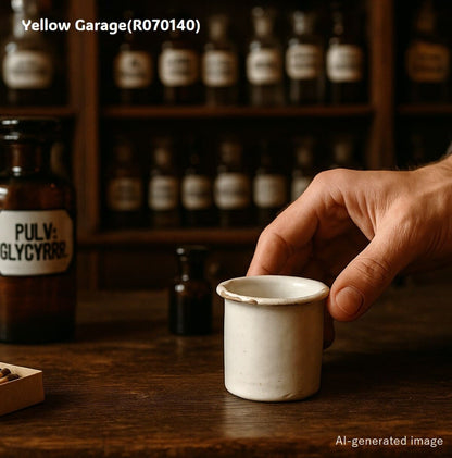 この小さな白釉の陶器容器は、手づくりならではの柔らかなゆらぎと経年による風合いが魅力のアンティークアイテムです_AI