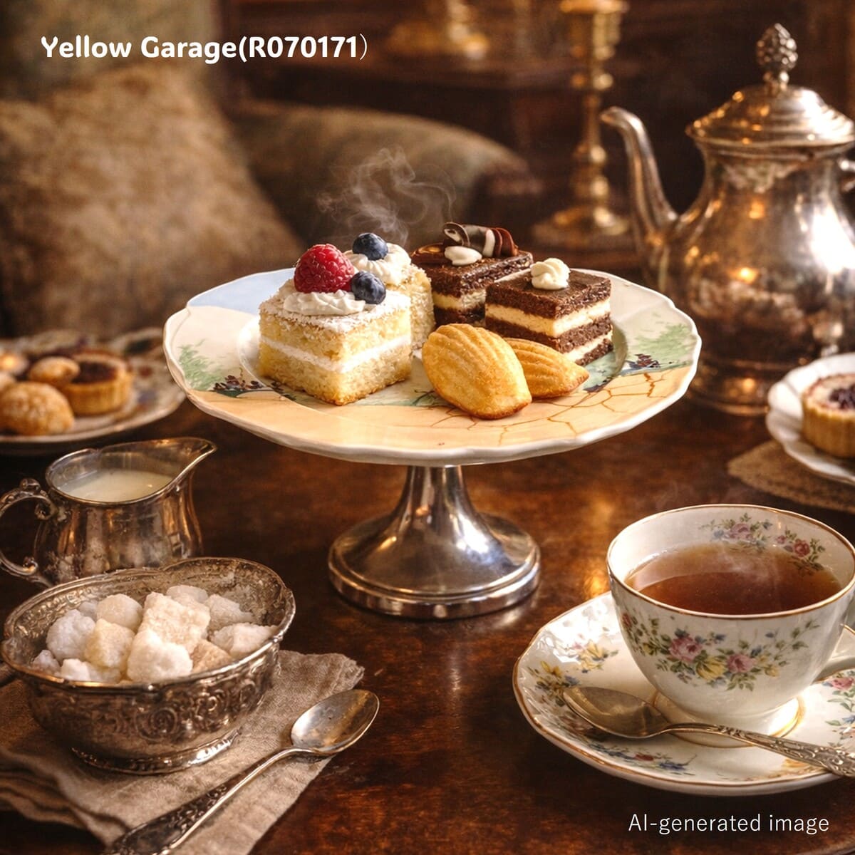 ヨーロッパで作られた陶器製プレートと金属脚を組み合わせたアンティークのケーキスタンド＿AI