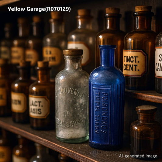 「毒薬（POISONOUS）」を示すアンティークの薬瓶＿AI