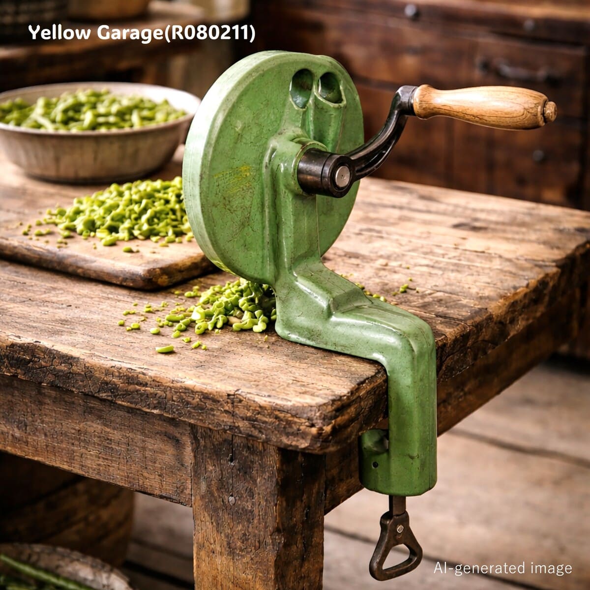 鋳鉄製の重厚な本体に手廻しハンドルとテーブル固定用クランプを備えたアンティークのグリーンビーンカッター（野菜裁断機）＿AI