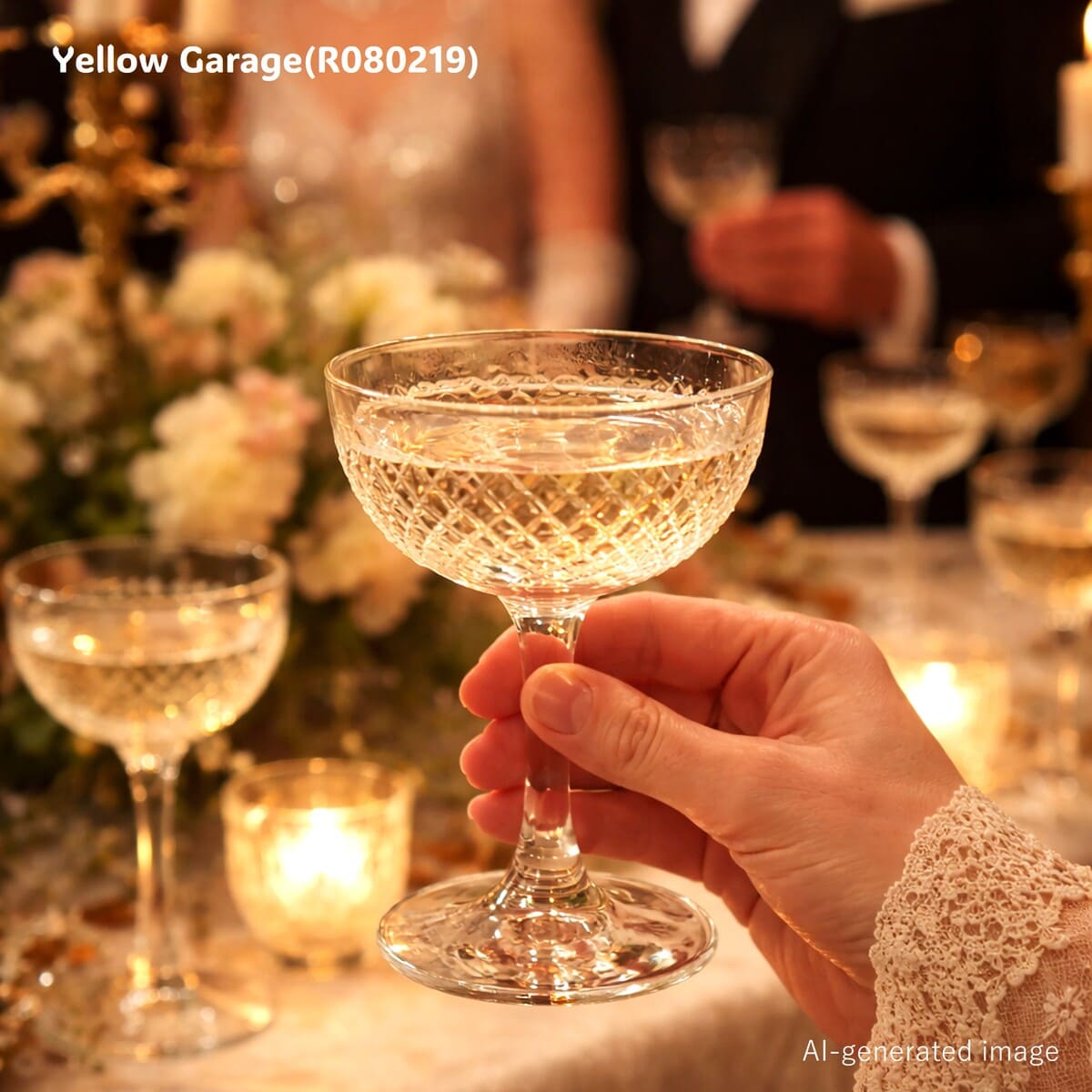 エドワーディアン様式（20世紀初頭）の影響を色濃く感じさせるアンティークのカットガラス製シャンパンクープ（ソーサー型グラス）＿AI
