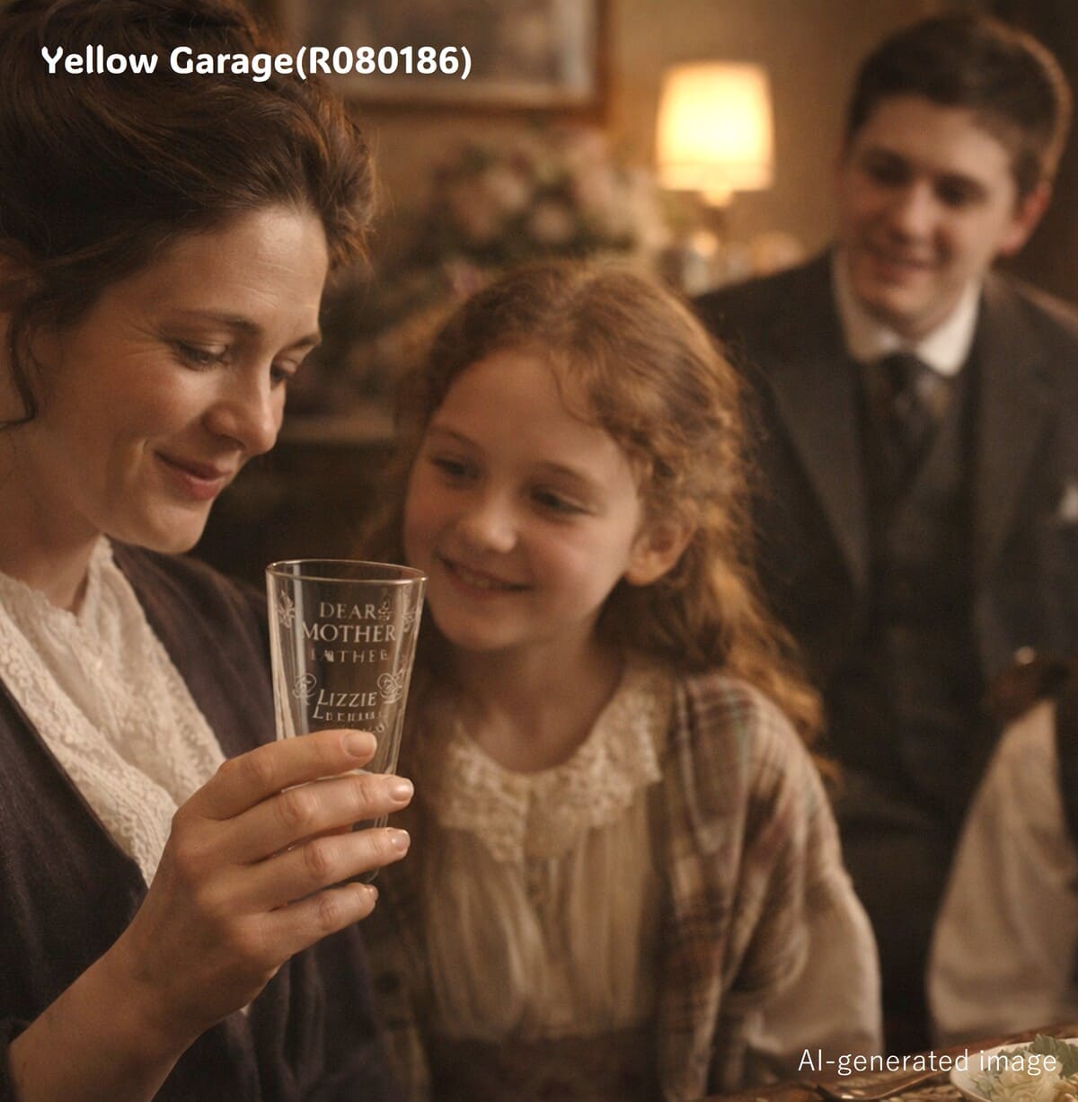 側面に “DEAR MOTHER”反対側に “LIZZIE” の文字がエッチングされたアンティークグラス_AI