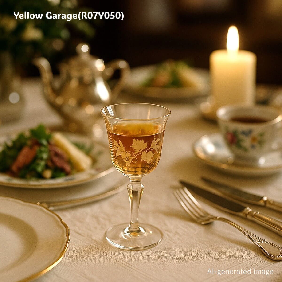 繊細な葡萄文様が浮かび上がる、優美なステムグラス
静かな食卓を彩る一品ですAI