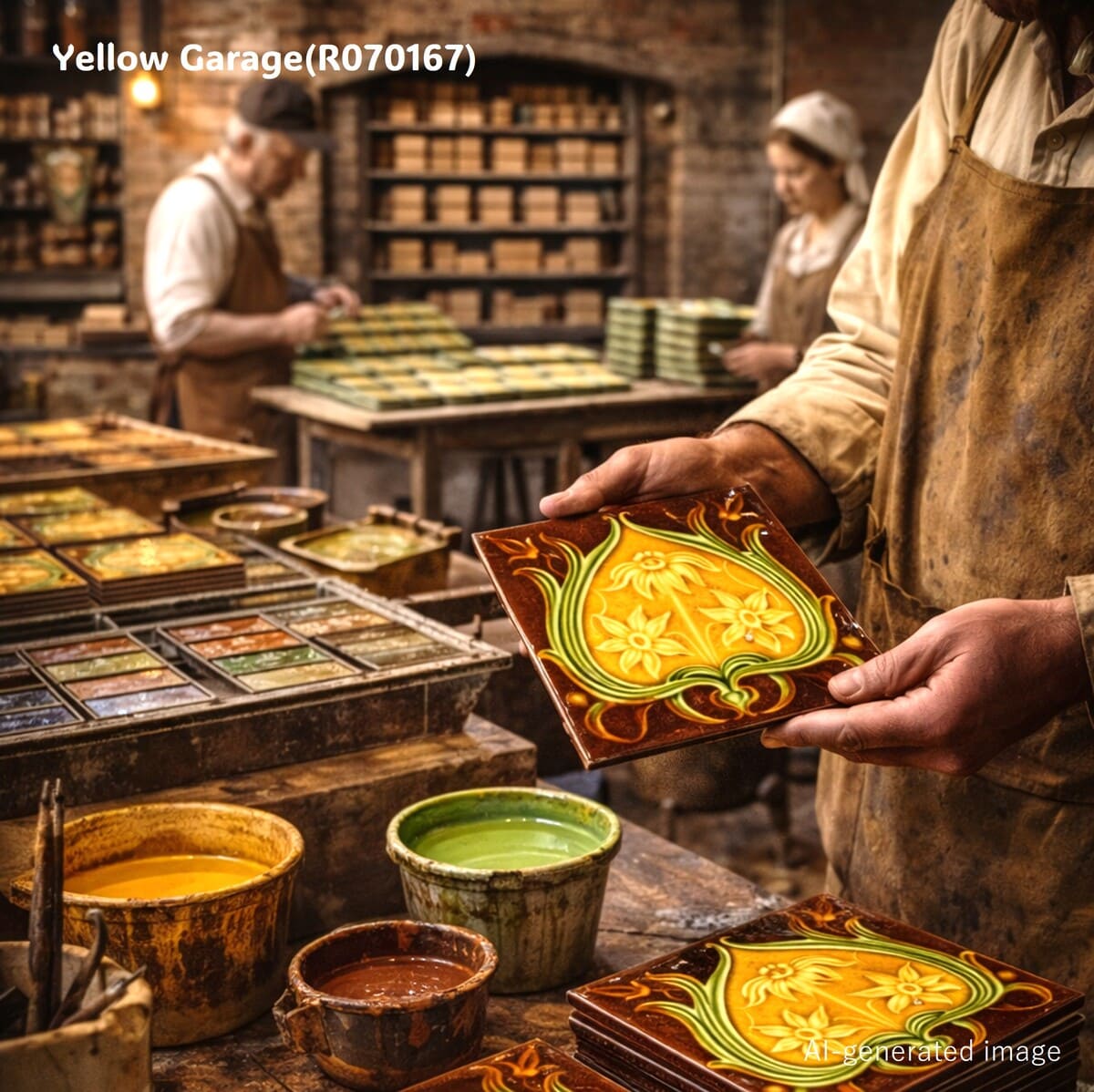 19世紀末から20世紀初頭にかけてヨーロッパで制作されたと考えられる装飾用の陶製タイル を後年に額装したアンティーク作品＿AI