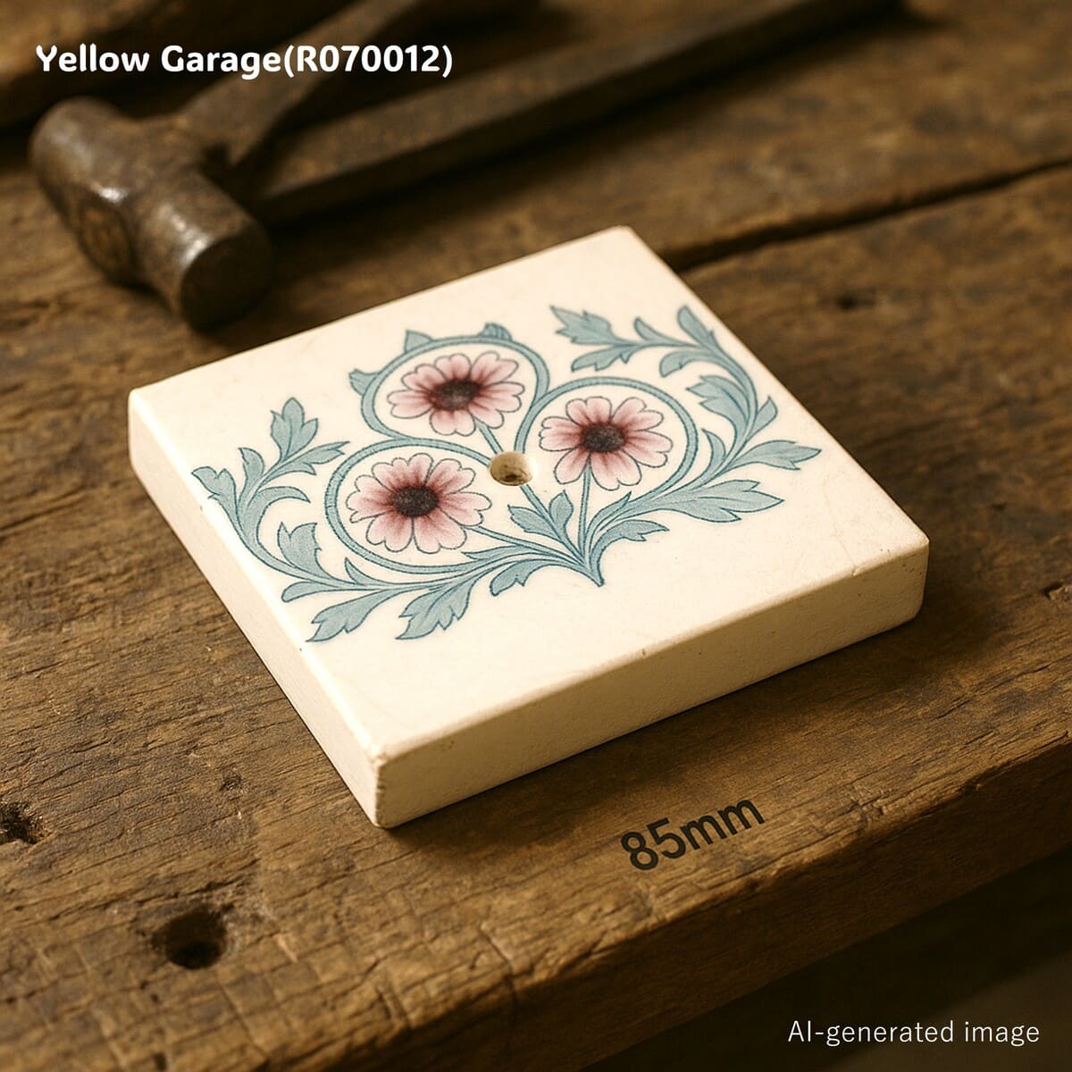 繊細なピンクの花と青緑の葉が美しく描かれたアンティークの装飾タイル