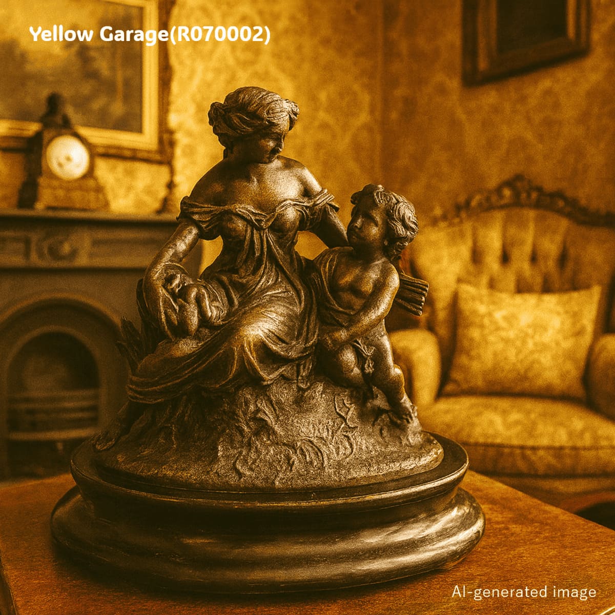 優美な女性像と天使（キューピッド）のような子どもが寄り添うアンチモニー製の置物です。