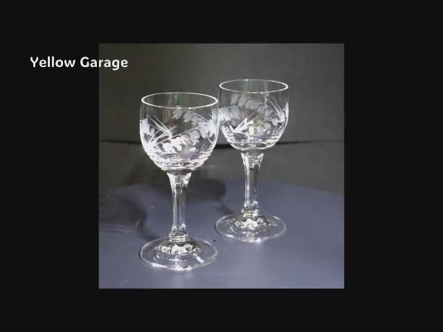 繊細なスズランと葉の文様がエッチングで施された脚付きの小さなグラス2客セット＿動画