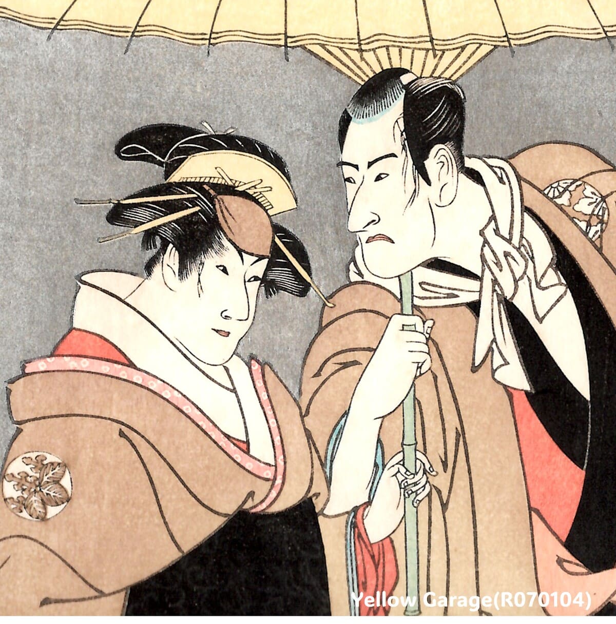 東洲斎写楽《傘をさす二人の役者絵》雲母摺り・極印・蔦屋版｜真作の可能性もある手摺浮世絵