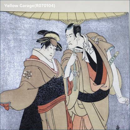 東洲斎写楽《傘をさす二人の役者絵》雲母摺り・極印・蔦屋版｜真作の可能性もある手摺浮世絵
