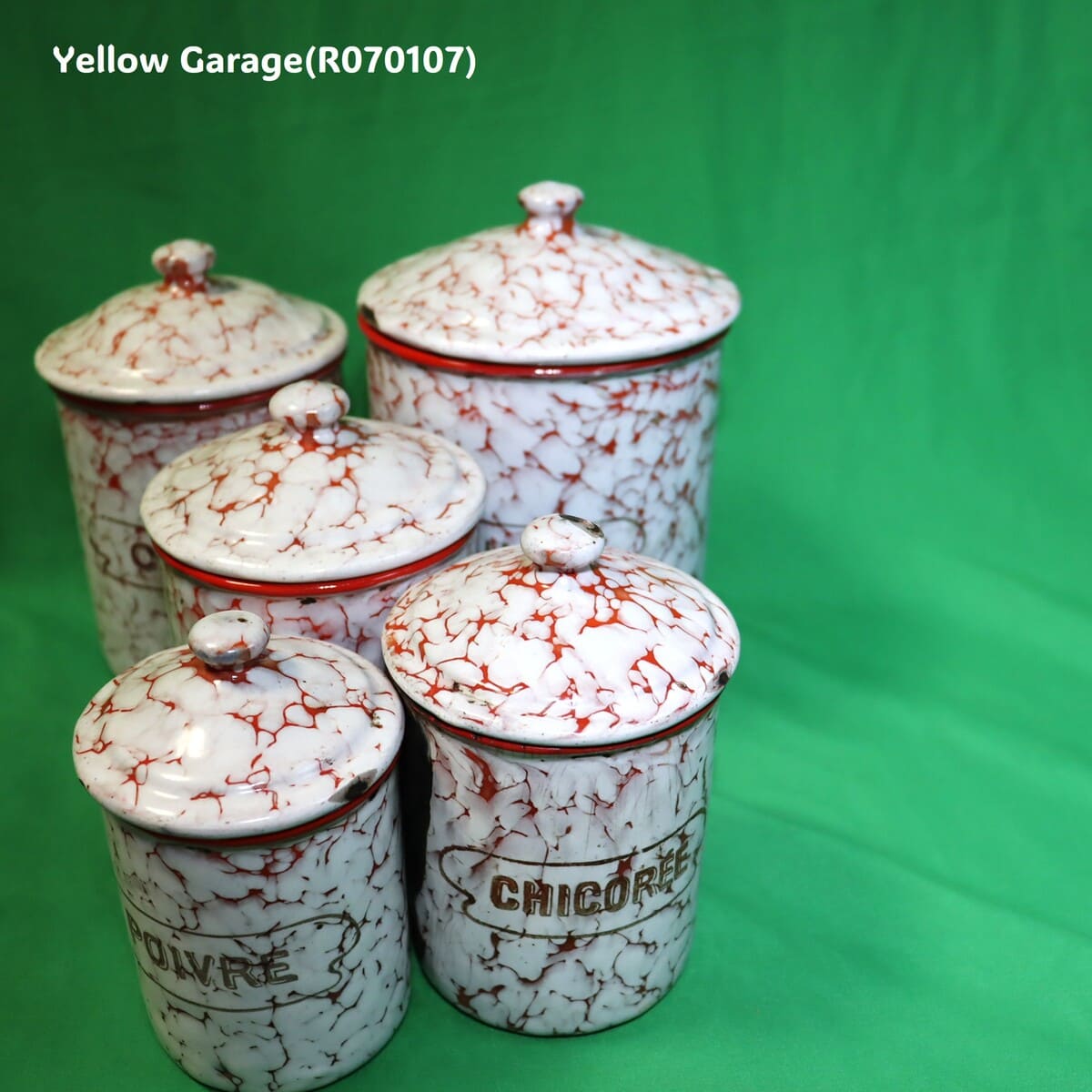 フランス製 ヴィンテージ ホウロウキャニスター5点セット（赤白マーブル）