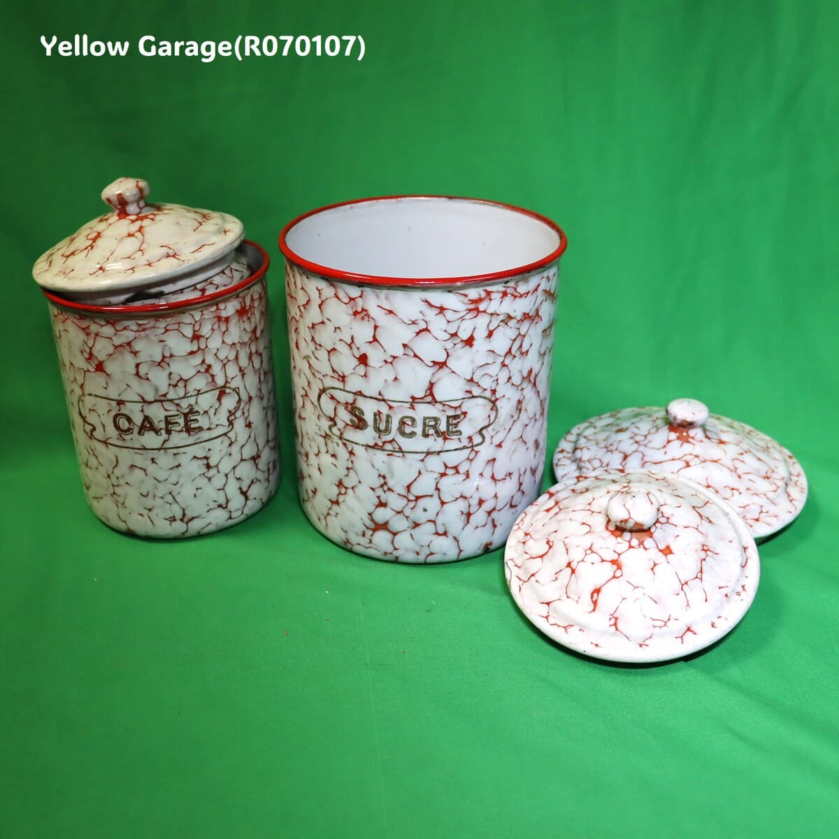 フランス製 ヴィンテージ ホウロウキャニスター5点セット（赤白マーブル）