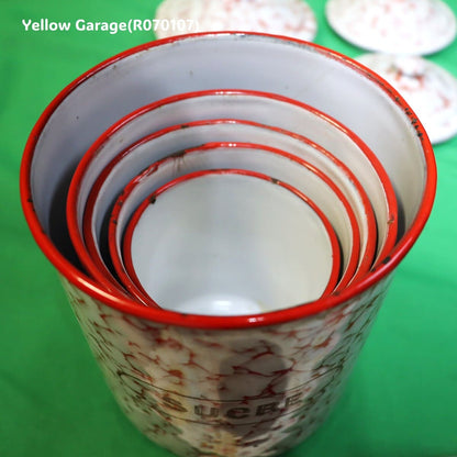 フランス製 ヴィンテージ ホウロウキャニスター5点セット（赤白マーブル）