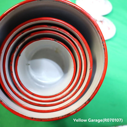 フランス製 ヴィンテージ ホウロウキャニスター5点セット（赤白マーブル）