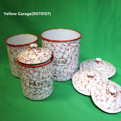 フランス製 ヴィンテージ ホウロウキャニスター5点セット（赤白マーブル）