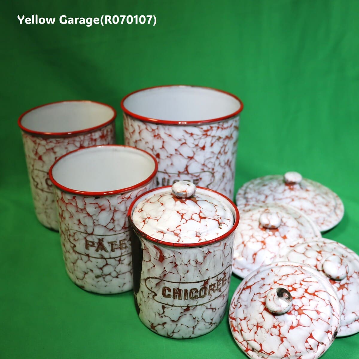 フランス製 ヴィンテージ ホウロウキャニスター5点セット（赤白マーブル）