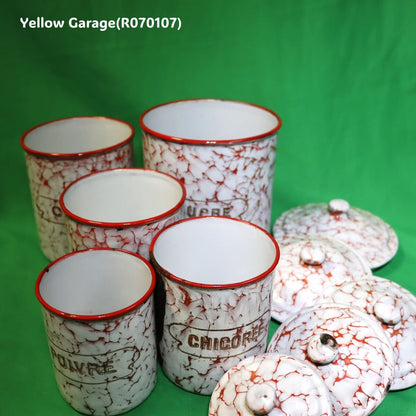 フランス製 ヴィンテージ ホウロウキャニスター5点セット（赤白マーブル）