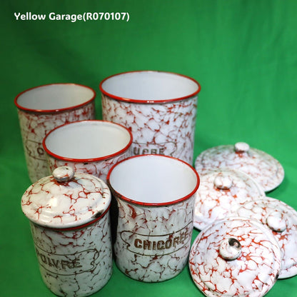 フランス製 ヴィンテージ ホウロウキャニスター5点セット（赤白マーブル）