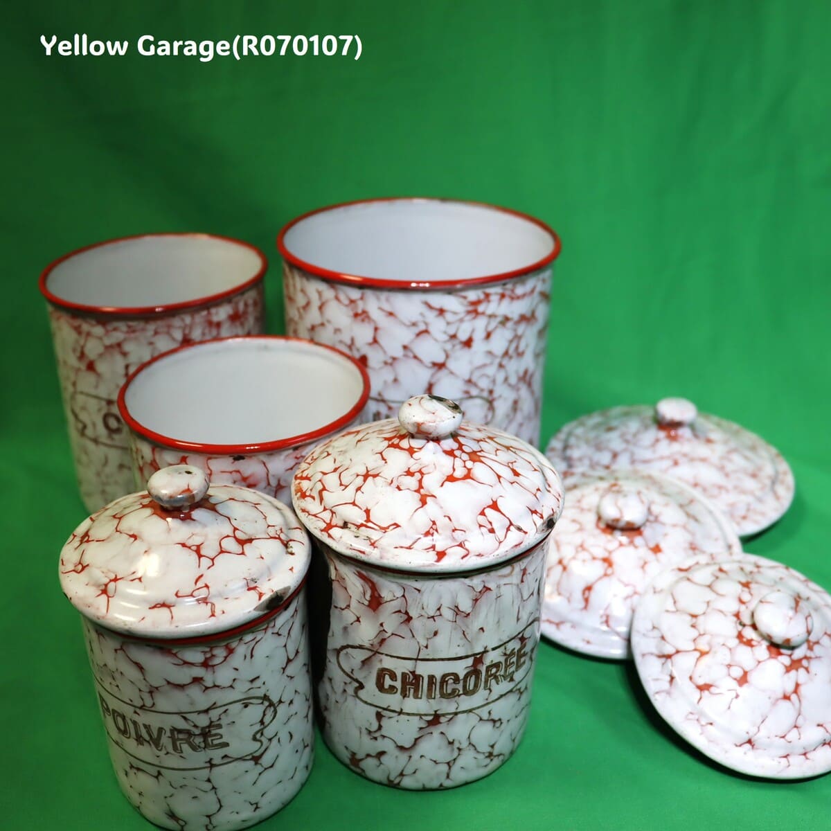 フランス製 ヴィンテージ ホウロウキャニスター5点セット（赤白マーブル）
