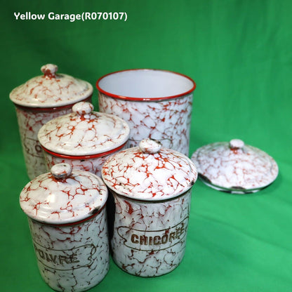 フランス製 ヴィンテージ ホウロウキャニスター5点セット（赤白マーブル）