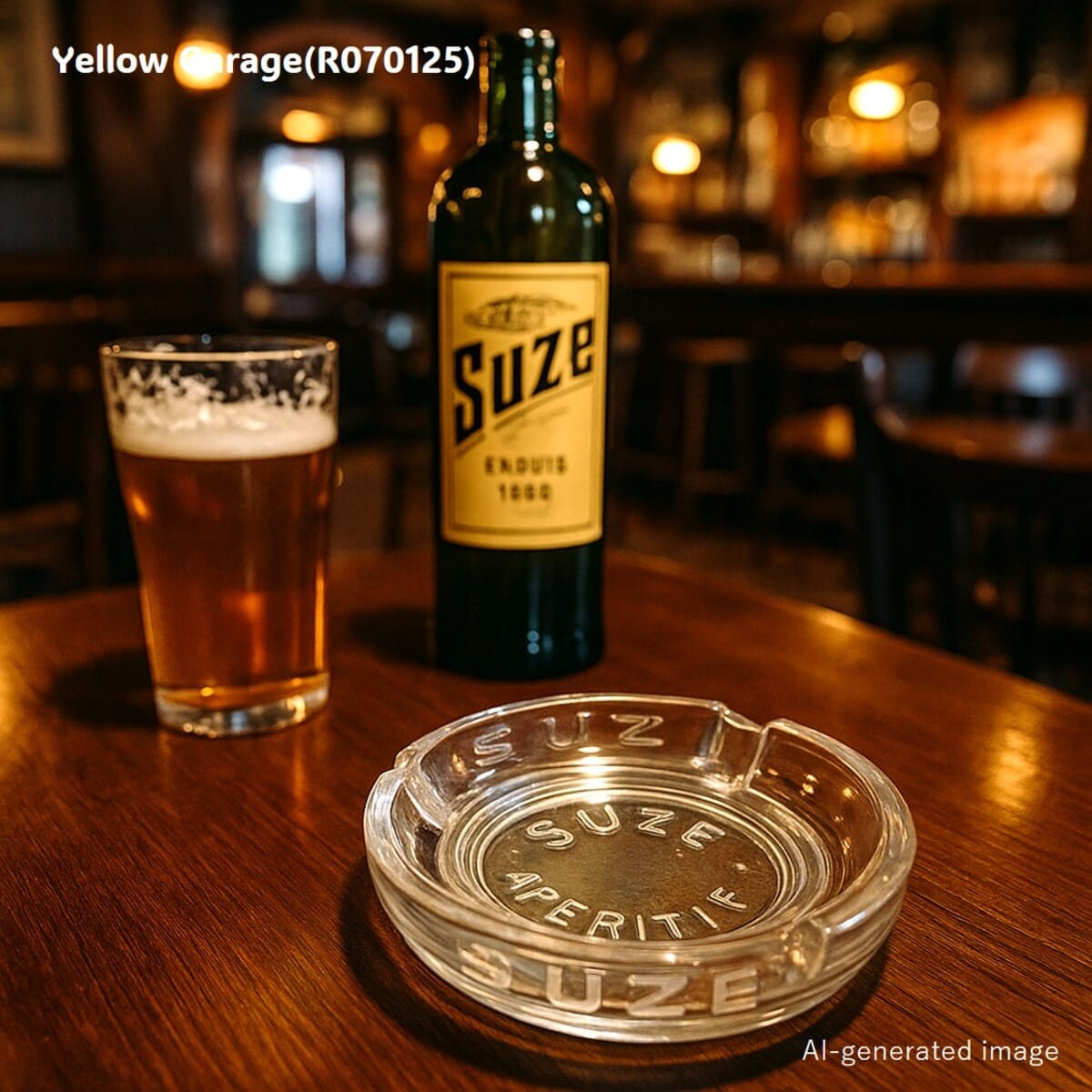 フランスのビター系アペリティフ「SUZE（スーズ）」のロゴが全面にあしらわれたヴィンテージガラス灰皿＿AI
